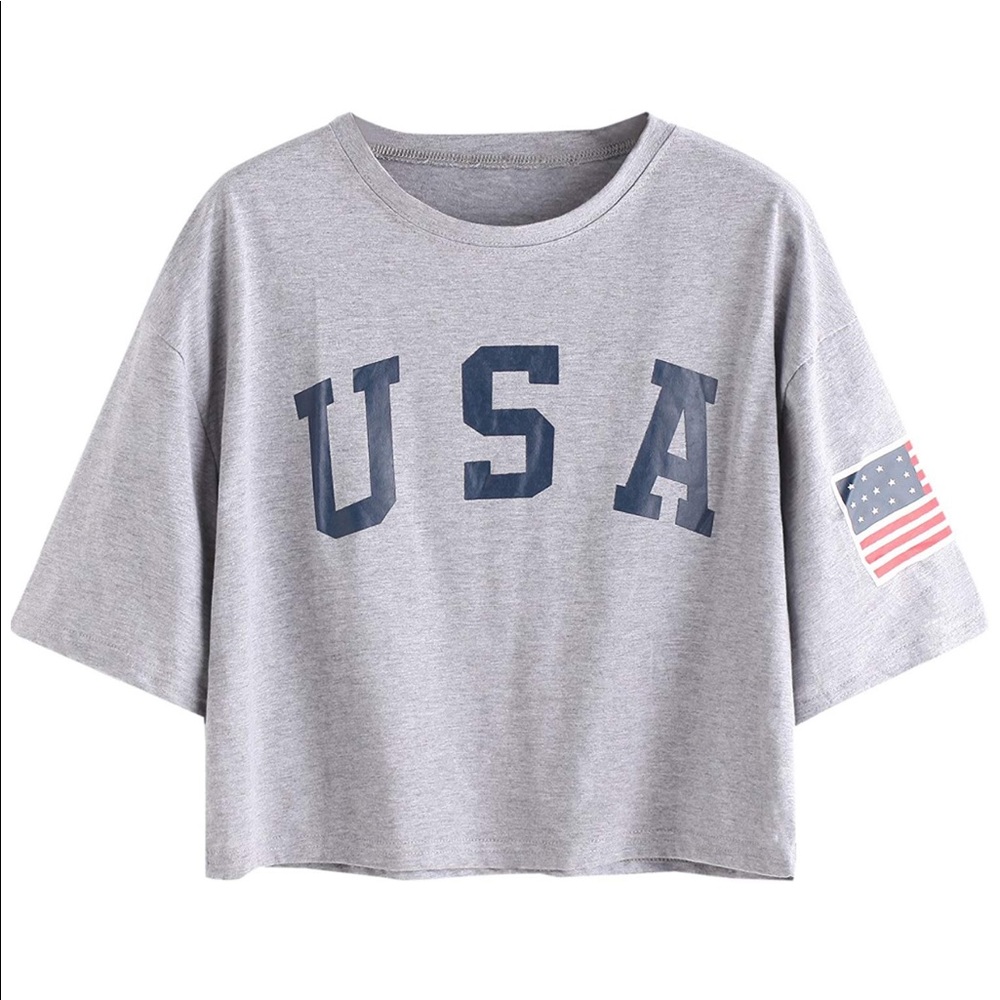 USA American Flag Crop Short Sleeve Tee Shirt